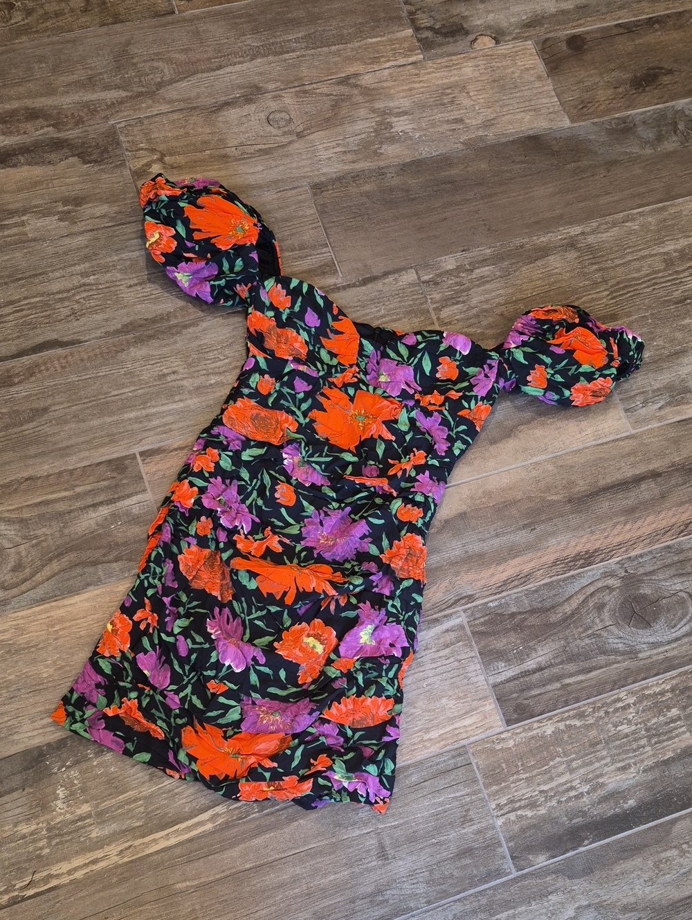 Zara Floral Off-the-Shoulder Short Puff Sleeve Fully Lined Mini Dress, XS - Picture 6 of 14